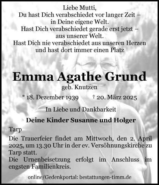 Traueranzeige von Emma Agathe Grund von Flensburger Tageblatt