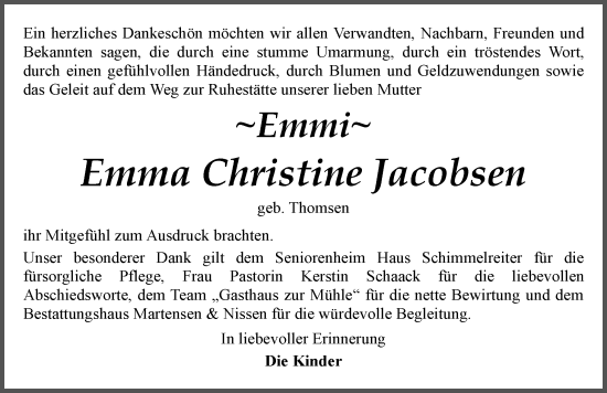 Traueranzeige von Emma Christine Jacobsen von Husumer Nachrichten, Nordfriesland Tageblatt