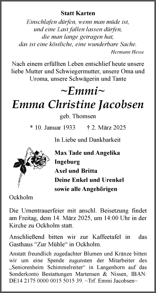 Traueranzeige von Emma Christine Jacobsen von Husumer Nachrichten, Nordfriesland Tageblatt