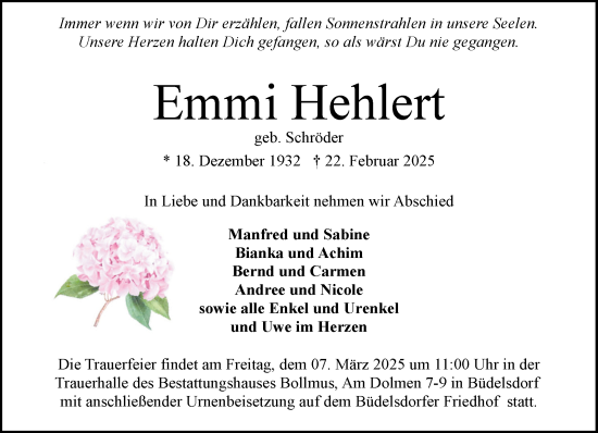 Traueranzeige von Emmi Hehlert von Schleswig-Holsteinische Landeszeitung