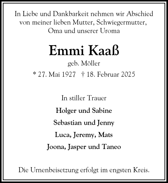 Traueranzeige von Emmi Kaaß von Heimatspiegel