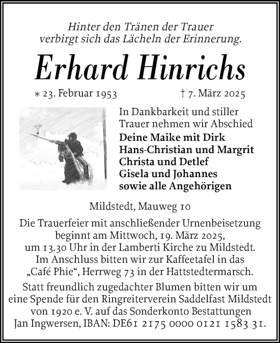Traueranzeige von Erhard Hinrichs von Husumer Nachrichten, Nordfriesland Tageblatt
