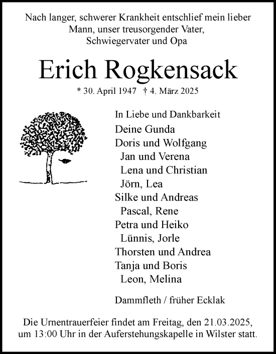 Traueranzeige von Erich Rogkensack von Norddeutsche Rundschau, Wilstersche Zeitung, Glückstädter Fortuna