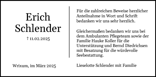 Traueranzeige von Erich Schlender von Der Insel-Bote
