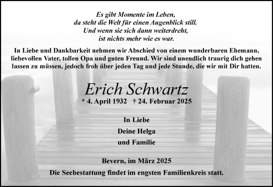 Traueranzeige von Erich Schwartz von Elmshorner Nachrichten, Barmstedter Zeitung