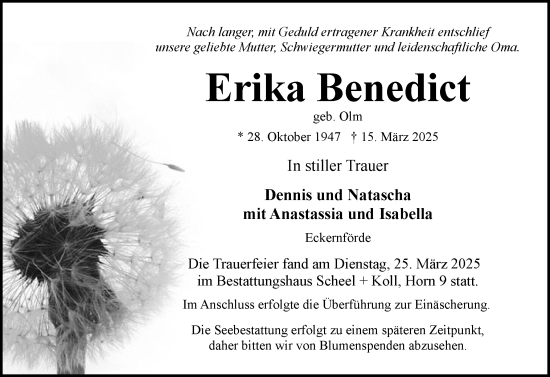Traueranzeige von Erika Benedict von Hallo Eckernförde