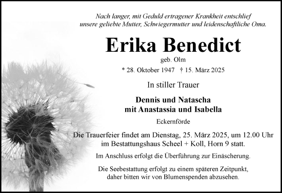 Traueranzeige von Erika Benedict von Eckernförder Zeitung