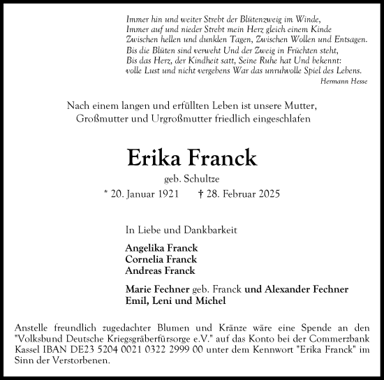 Traueranzeige von Erika Franck von Ostholsteiner Anzeiger