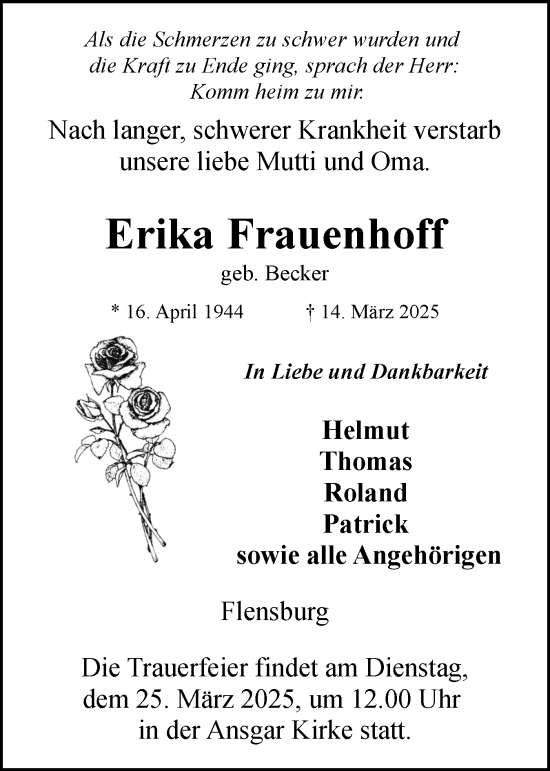Traueranzeige von Erika Frauenhoff von Flensburger Tageblatt
