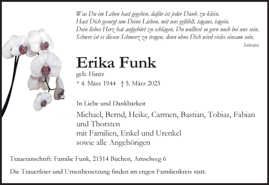 Traueranzeige von Erika Funk von Wochenend Anzeiger