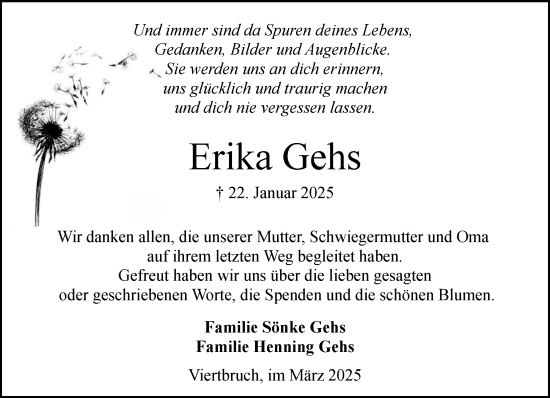 Traueranzeige von Erika Gehs von MARKT Ahrensburg/Bargteheide/Trittau und Stormarner Tageblatt