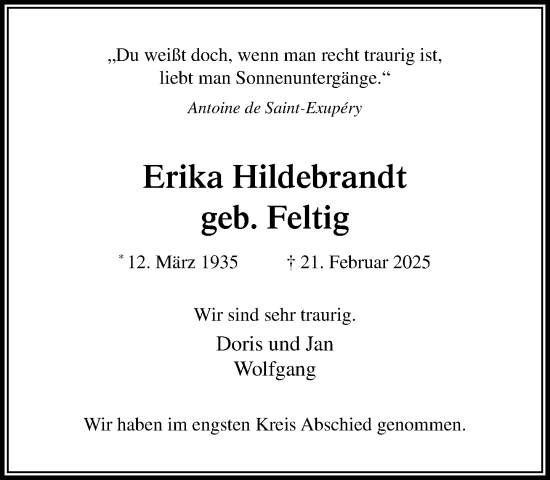 Traueranzeige von Erika Hildebrandt von Wochenend Anzeiger