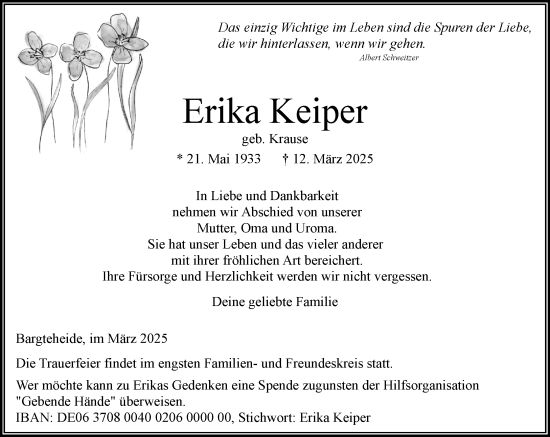 Traueranzeige von Erika Keiper von MARKT Ahrensburg/Bargteheide/Trittau und Stormarner Tageblatt