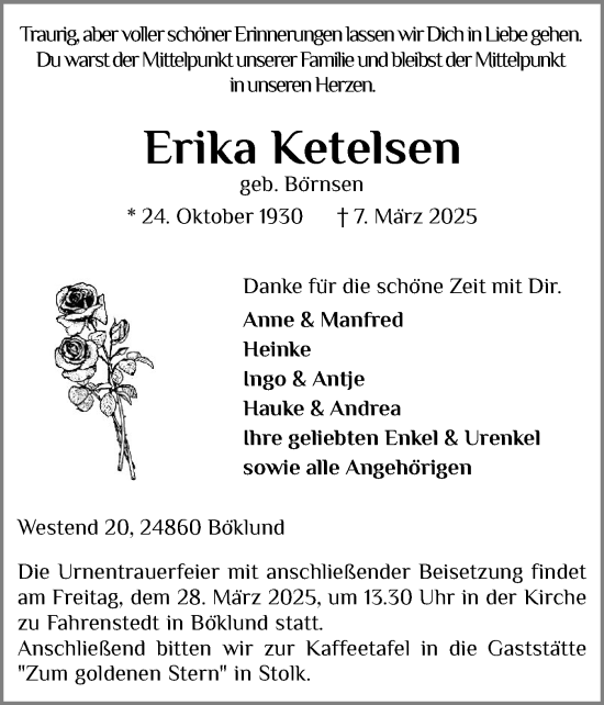 Traueranzeige von Erika Ketelsen von Region Flensburg