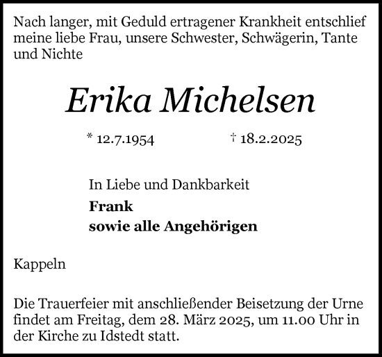 Traueranzeige von Erika Michelsen von Schleswiger Nachrichten, Schlei-Bote