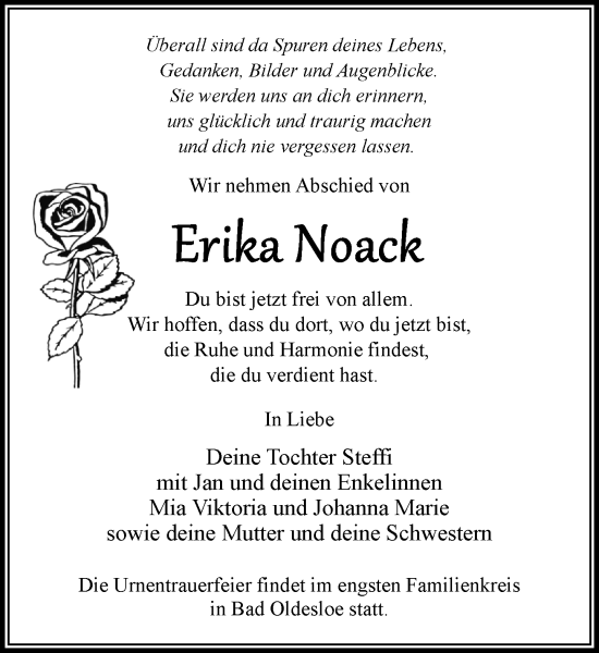Traueranzeige von Erika Noack von MARKT Bad Oldesloe/Reinfeld und Stormarner Tageblatt