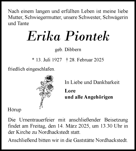 Traueranzeige von Erika Piontek von Region Flensburg