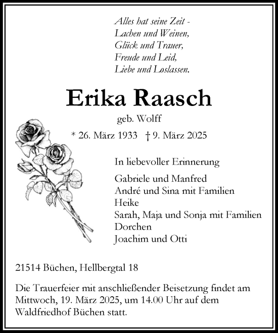 Traueranzeige von Erika Raasch von Wochenend Anzeiger