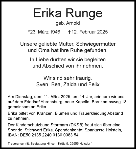 Traueranzeige von Erika Runge von MARKT Ahrensburg/Bargteheide/Trittau und Stormarner Tageblatt