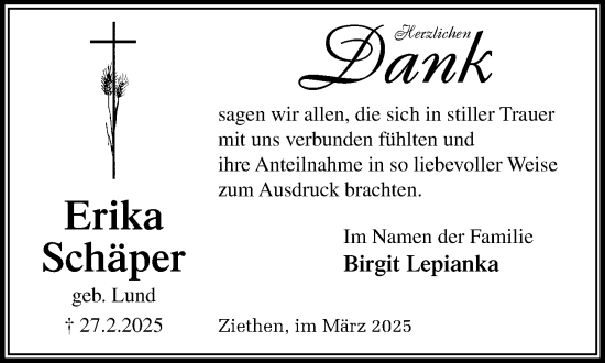 Traueranzeige von Erika Schäper von MARKT Ratzeburg/Mölln