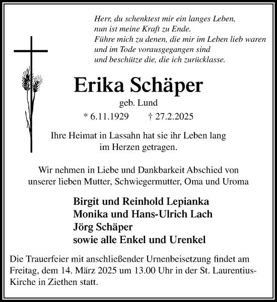 Traueranzeige von Erika Schäper von MARKT Ratzeburg/Mölln