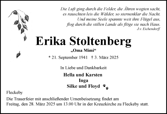 Traueranzeige von Erika Stoltenberg von Eckernförder Zeitung, Hallo Eckernförde