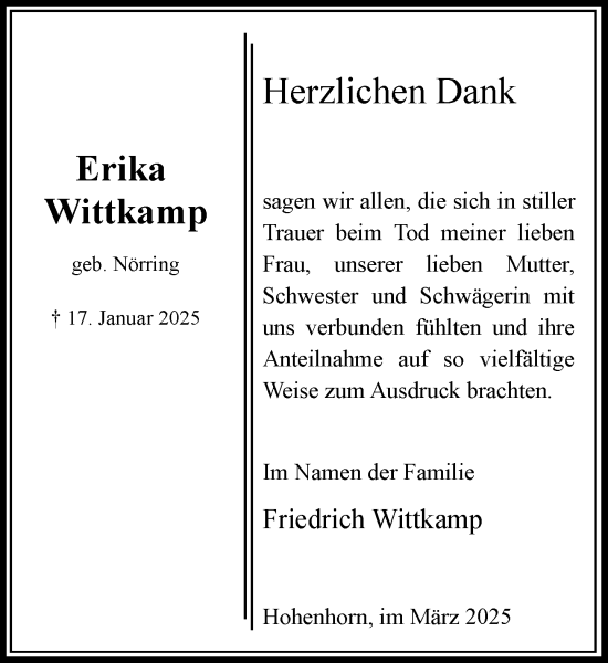 Traueranzeige von Erika Wittkamp von Wochenend Anzeiger