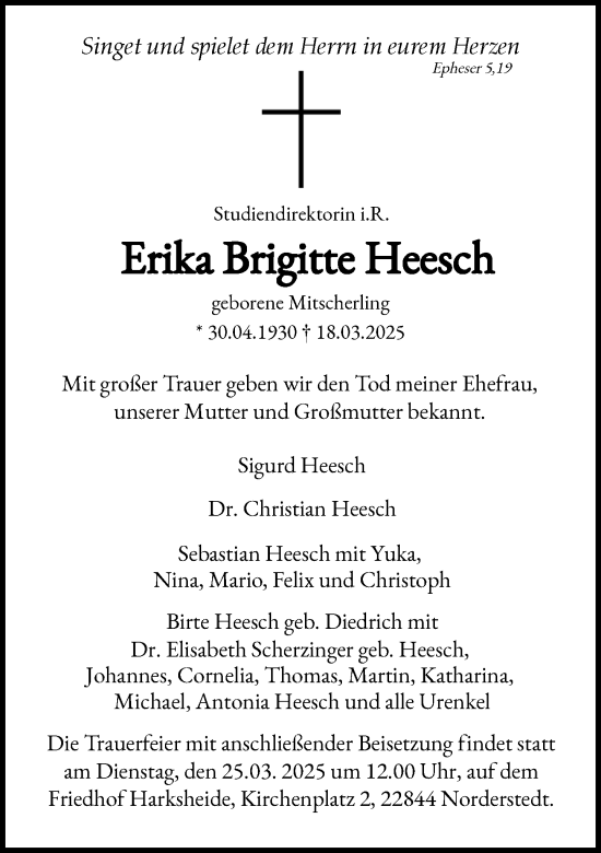 Traueranzeige von Erika Brigitte Heesch von Heimatspiegel