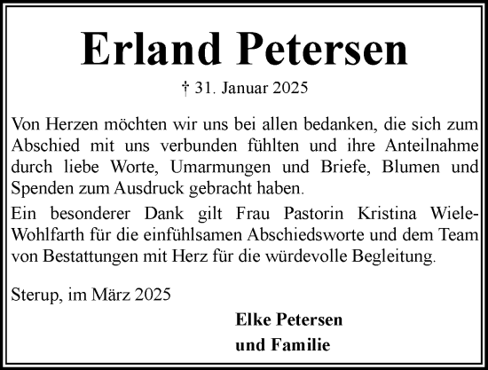 Traueranzeige von Erland Petersen von Flensburger Tageblatt