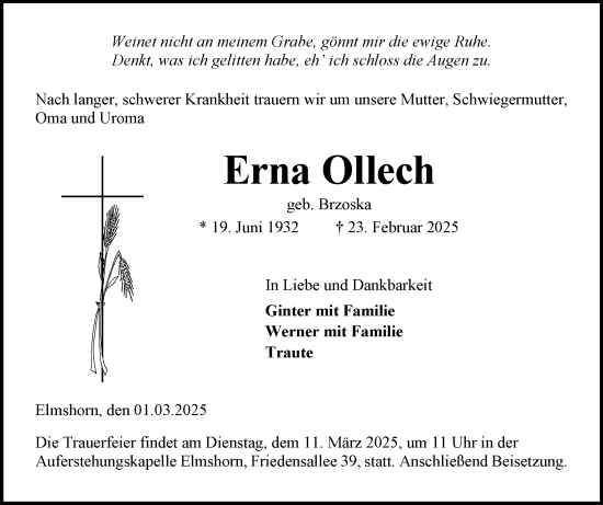 Traueranzeige von Erna Ollech von Elmshorner Nachrichten, Barmstedter Zeitung