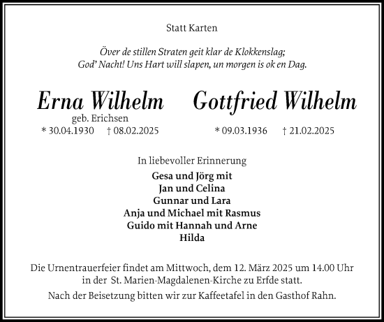 Traueranzeige von Erna Wilhelm von Schleswig-Holsteinische Landeszeitung