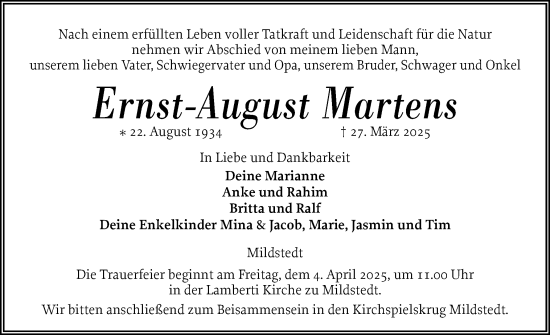 Traueranzeige von Ernst-August Martens von Husumer Nachrichten, Nordfriesland Tageblatt