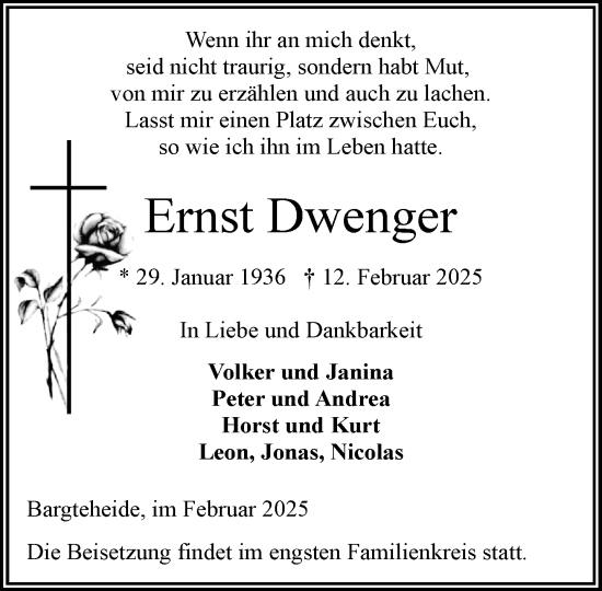 Traueranzeige von Ernst Dwenger von MARKT Ahrensburg/Bargteheide/Trittau und Stormarner Tageblatt