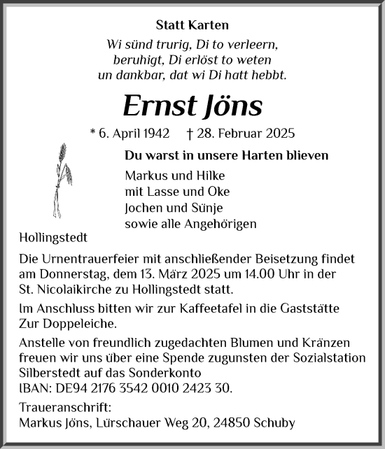Traueranzeige von Ernst Jöns von Schleswiger Nachrichten, Schlei-Bote