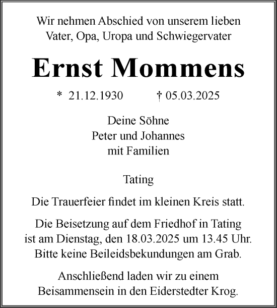 Traueranzeige von Ernst Mommens von Husumer Nachrichten, Nordfriesland Tageblatt