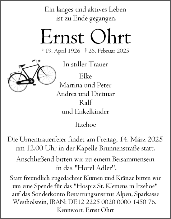 Traueranzeige von Ernst Ohrt von Norddeutsche Rundschau, Wilstersche Zeitung, Glückstädter Fortuna