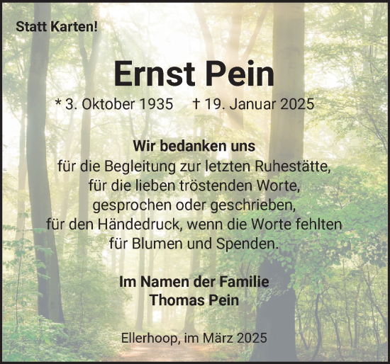 Traueranzeige von Ernst Pein von Region Pinneberg und tip Pinneberg