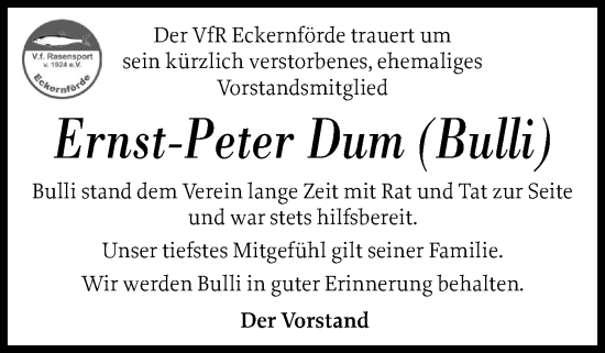 Traueranzeige von Ernst-Peter Dum von Eckernförder Zeitung, Hallo Eckernförde