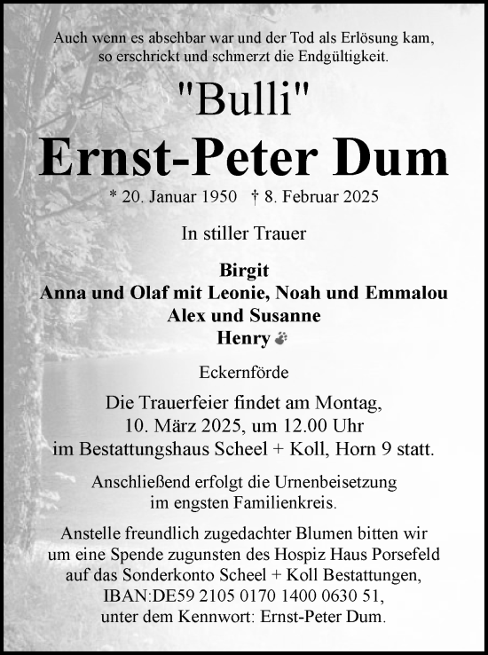 Traueranzeige von Ernst-Peter Dum von Eckernförder Zeitung, Hallo Eckernförde