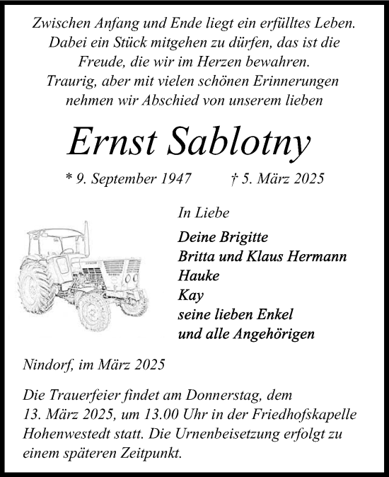 Traueranzeige von Ernst Sablotny von Schleswig-Holsteinische Landeszeitung