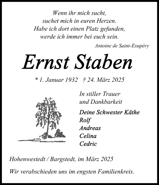 Traueranzeige von Ernst Staben von Schleswig-Holsteinische Landeszeitung