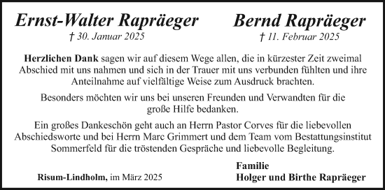 Traueranzeige von Ernst-Walter Rapräeger von Husumer Nachrichten, Nordfriesland Tageblatt