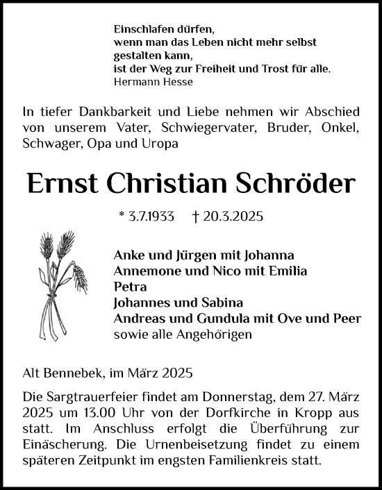 Traueranzeige von Ernst Christian Schröder von Schleswig-Holsteinische Landeszeitung