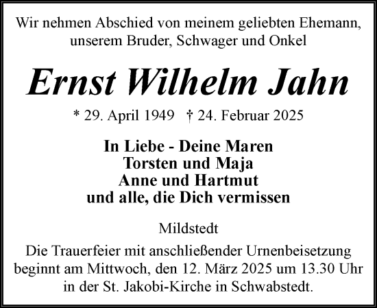 Traueranzeige von Ernst Wilhelm Jahn von Husumer Nachrichten, Nordfriesland Tageblatt