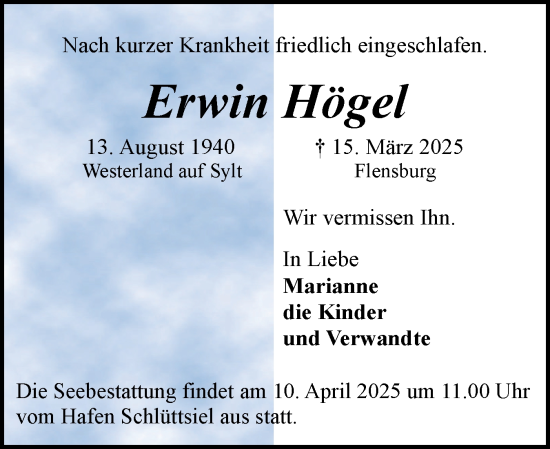 Traueranzeige von Erwin Högel von Sylter Rundschau