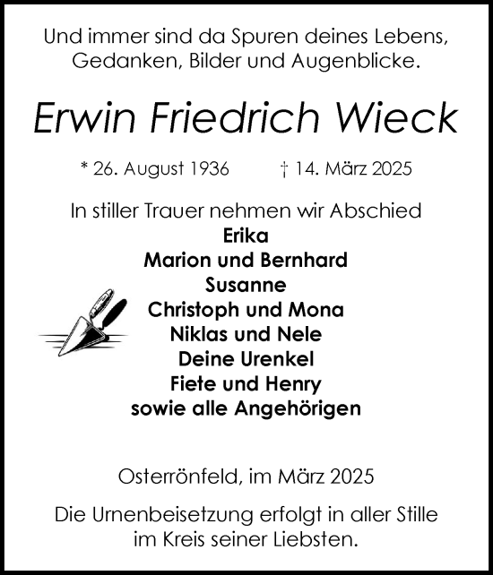 Traueranzeige von Erwin Friedrich Wieck von Schleswig-Holsteinische Landeszeitung