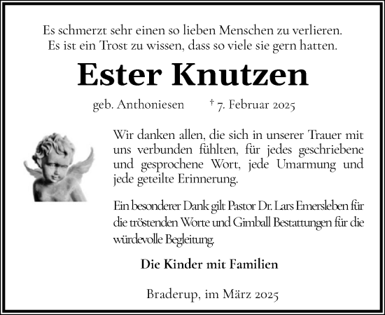 Traueranzeige von Ester Knutzen von Husumer Nachrichten, Nordfriesland Tageblatt