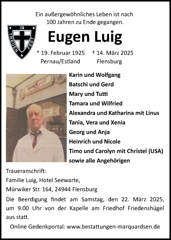 Traueranzeige von Eugen Luig von Flensburger Tageblatt