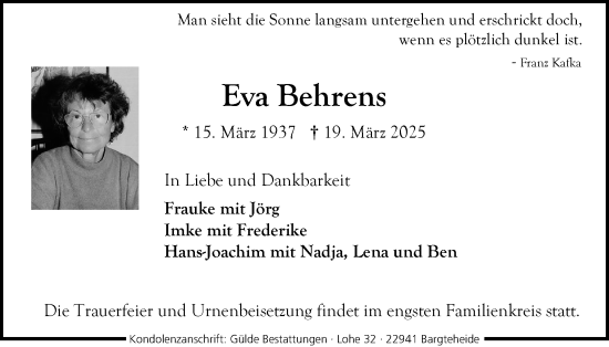 Traueranzeige von Eva Behrens von Holsteinischer Courier
