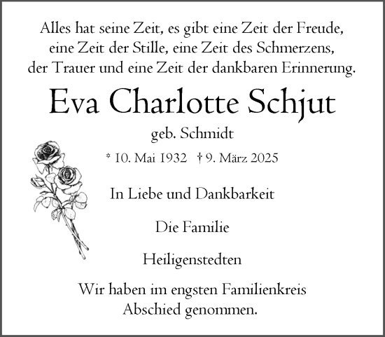 Traueranzeige von Eva Charlotte Schjut von Norddeutsche Rundschau, Wilstersche Zeitung, Glückstädter Fortuna
